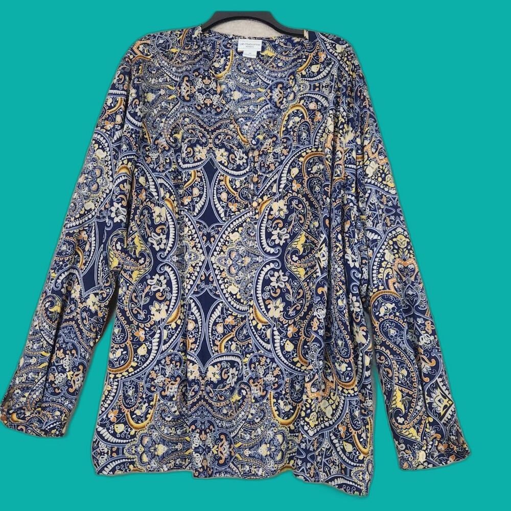 Liz Clairborne Woman's Blue/White/Gold Blouse Size 18W  Boho Retro Cottage